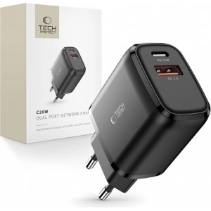 Tech-Protect C20W Charger USB-C PD 20W / USB-A QC 3.0 - Black