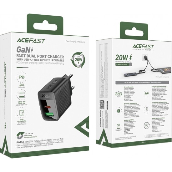 Acefast A78 Charger Network GaN USB-A / USB-C PD 20W - Black