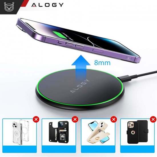 Alogy QI wireless inductive charger 20W fast LED Alogy round strong USB-C cable Black