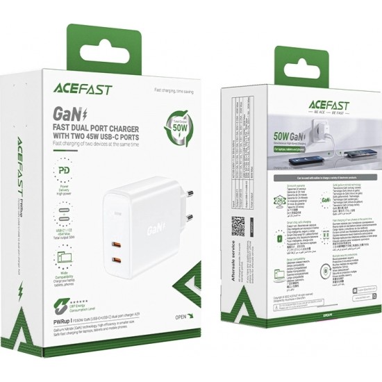 Acefast charger GaN USB Type C 50W, PD, QC 3.0, AFC, FCP white (A29 white)