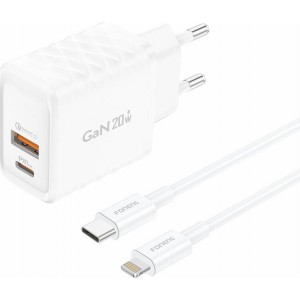 Foneng EU56 1xUSB-A, 1xUSB-C, 20W Power Charger (White) + USB-A to Lightning cable