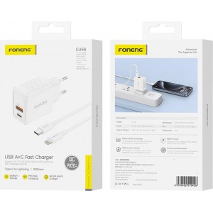 Foneng EU56 1xUSB-A, 1xUSB-C, 20W Power Charger (White) + USB-A to Lightning cable