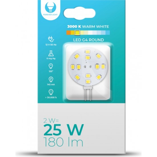 Telforceone LED Bulb G4 Round 2W 12V 3000K 180lm Forever Light