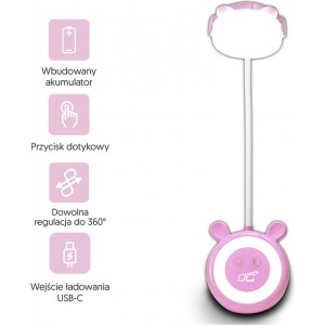 LED Teddy bear desk Lamp 3W, 3000/4500/6000K, adjustable, 1200mAh, pink,  LTC