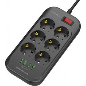 Ldnio Power strip with 6 AC outlets, 4x USB, LDNIO SE6403, 2m (black)