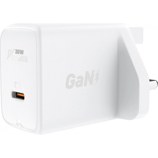 Acefast GaN wall charger (UK plug) USB Type C 30W, Power Delivery, PPS, Q3 3.0, AFC, FCP white (A24 UK white)