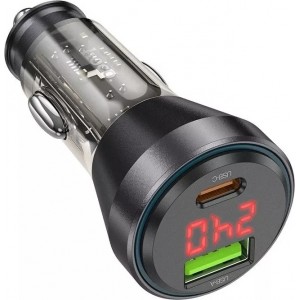 Hoco USB A Type C Car Charger with Display Cable Type C to Lightning PD QC3.0 3A 48W NZ12B Transparent Black