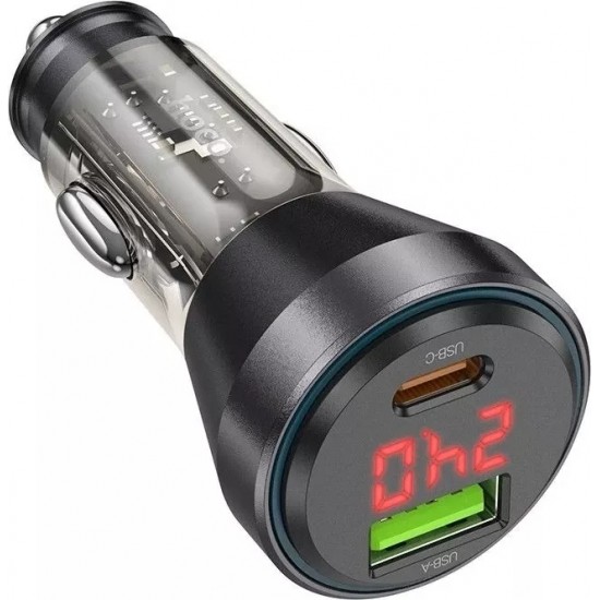 Hoco USB A Type C Car Charger with Display Cable Type C to Lightning PD QC3.0 3A 48W NZ12B Transparent Black