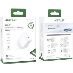 Acefast GaN wall charger (UK plug) USB Type C 30W, Power Delivery, PPS, Q3 3.0, AFC, FCP white (A24 UK white)