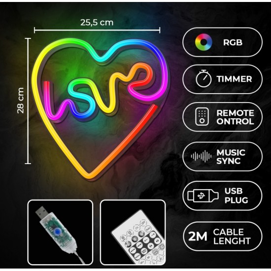 Neon LED RGB LOVE IN HEART FLRN02 + RC Forever Light