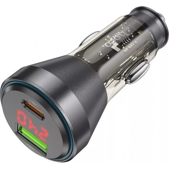 Hoco USB A Type C Car Charger with Display Cable Type C to Lightning PD QC3.0 3A 48W NZ12B Transparent Black