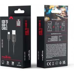 Maxlife cable USB - USB-C 3,0 m 2A black