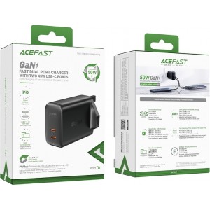 Acefast GaN charger (UK plug) 2x USB Type C 50W, Power Delivery, PPS, Q3 3.0, AFC, FCP black (A32 UK)