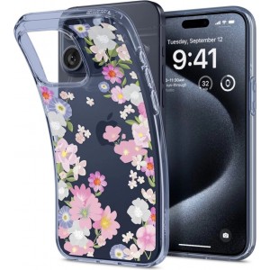 Spigen Liquid Crystal iPhone 15 Pro Case - Pink and Blue Flowers