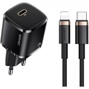 Usams Wall charger 1x USB-C T36 mini 20W USB-C-Lightning cable black/black PD3.0 Fast Charging XFKXLOGTL01 (US-CC124 US-SJ484)