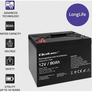 Qoltec AGM battery | 12V | 80Ah | 23.5kg | Maintenance-free | Strong | LongLife | for UPS, RV, boat, heater