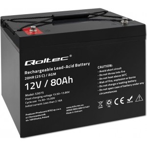 Qoltec AGM battery | 12V | 80Ah | 23.5kg | Maintenance-free | Strong | LongLife | for UPS, RV, boat, heater