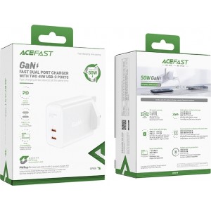 Acefast GaN charger (UK plug) 2x USB Type C 50W, Power Delivery, PPS, Q3 3.0, AFC, FCP (A32 UK)