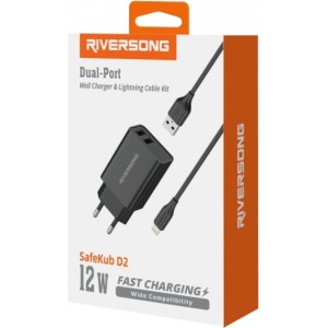 Riversong wall charger SafeKub D2 2x USB 12W black + cable USB - Lightning AD29 + CL85