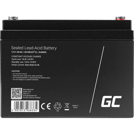 Green Cell Maintenance-free AGM VRLA Green Cell AGM55 12V 28Ah Battery (for scooter, boat, wheelchair, toy, camper)