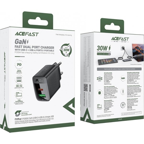 Acefast A98 Network Charger GaN USB-A / USB-C PD 30W - Black