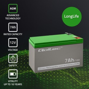 Qoltec AGM battery | 12V | 7Ah | Maintenance-free | Efficient| LongLife | for UPS, security