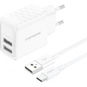 Foneng EU53 20W 2xUSB-A, 2.4A network charger (White) + USB-C cable