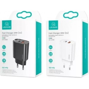 Usams Wall charger 1xUSB-C 1xUSB T35 20W (only head) PD3.0 QC3.0 Fast Charging black/black CC121TC02 (US-CC121)