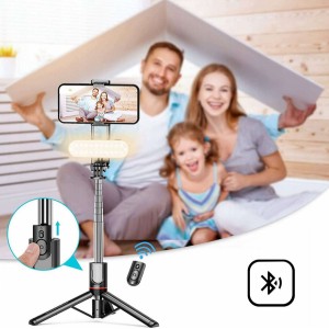 4Kom.pl Selfie Stick Tripod L15 Tripod L15 Phone Holder with LED Lamp Bluetooth Remote Control Black