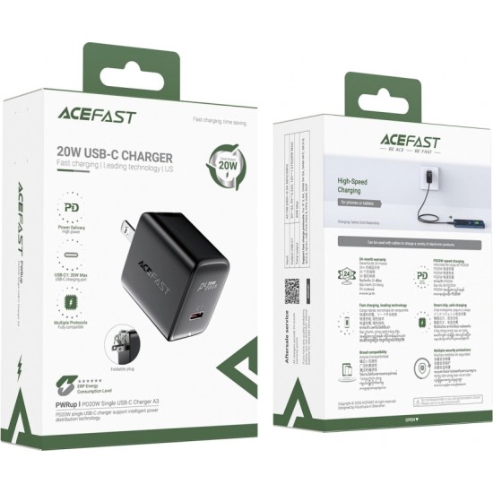 Acefast A3 PD20W Wall Charger with USB-C with US Plug - Black