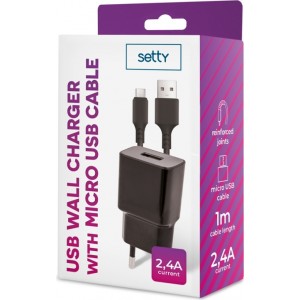 Setty charger 1x USB 2,4A black + microUSB cable 1,0 m NEW