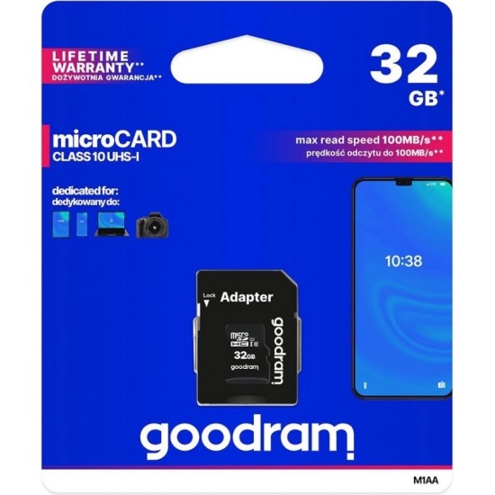 Goodram Microcard 32 GB micro SD HC UHS-I class 10 memory card, SD adapter (M1AA-0320R12)