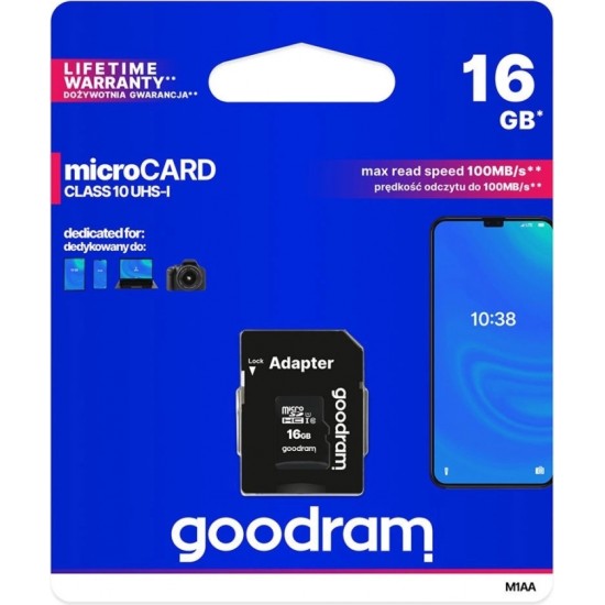 Goodram Microcard 16 GB micro SD HC UHS-I class 10 memory card, SD adapter (M1AA-0160R12)