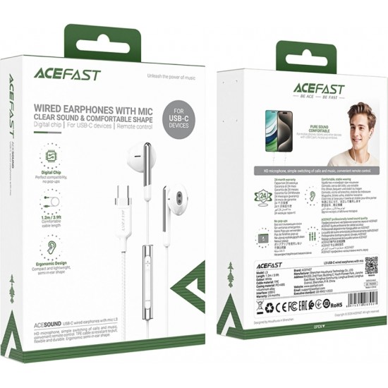 Acefast L3 Wired USB-C Headphones with Microphone - White