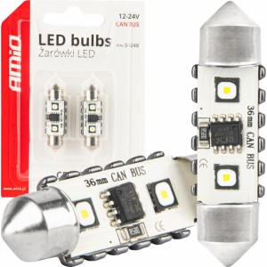 Amio LED CANBUS bulbs 12SMD Festoon C5W 3838 36mm White 12/24V AMIO-04248