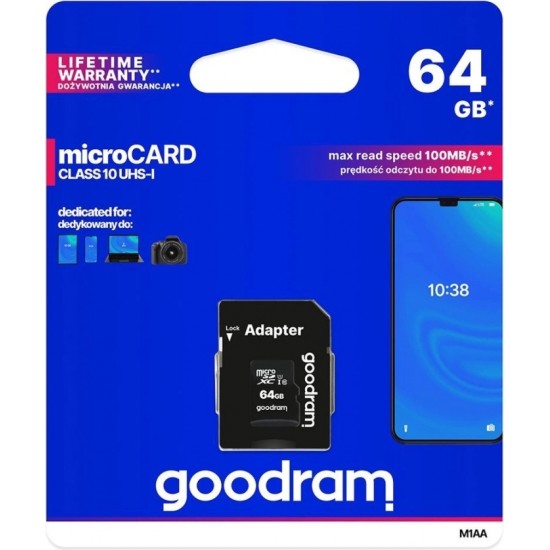 Goodram Microcard 64 GB micro SD XC UHS-I class 10 memory card, SD adapter (M1AA-0640R12)