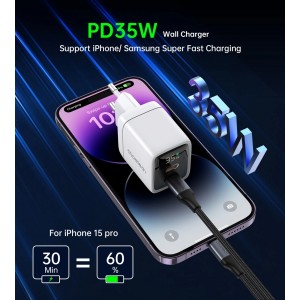 Choetech PD6051 2x USB-C PD 35W GaN wall charger with display - white