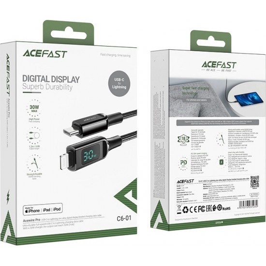 Acefast cable MFI USB Type C - Lightning 1.2m, 30W, 3A black (C6-01 Black)