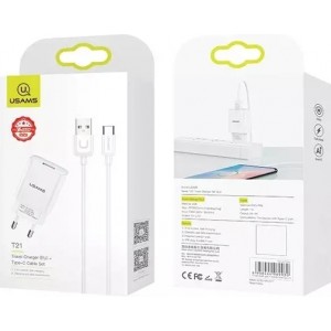 Usams Wall charger 1xUSB T21 USB-C white/white 2.1A Fast Charging cable T21OCTC01