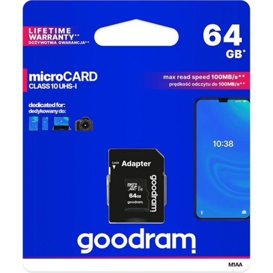 Goodram memory card 64GB microSDXC cl. 10 UHS-I 30 / 15 MB/s + adapter