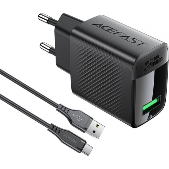 Acefast A90 GaN USB-A QC 18W Charger - Black + USB-A / USB-C Cable