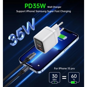 Choetech PD6052 USB-C USB-A PD 35W GaN wall charger with display - white