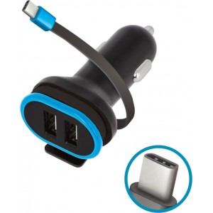 Forever CC-02 car charger 2x USB 3A black with USB-C cable 0,2 m