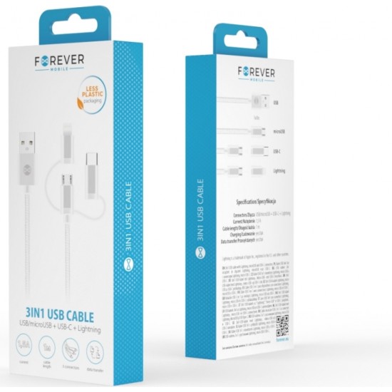 Forever 3in1 cable USB - Lightning + USB-C + microUSB 1,0 m 1,5A white