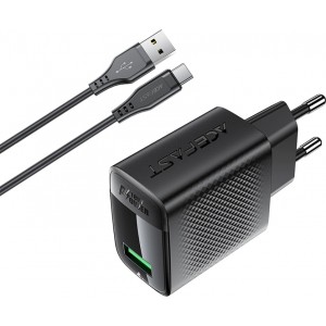 Acefast A90 GaN USB-A QC 18W Charger - Black + USB-A / USB-C Cable