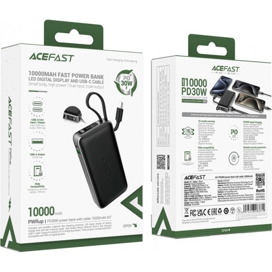 Acefast M7-10000 PD30W Powerbank with Built-in Cable - Black