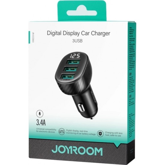 Joyroom JR-CCD03 3.4A car charger with 3x USB-A display - black