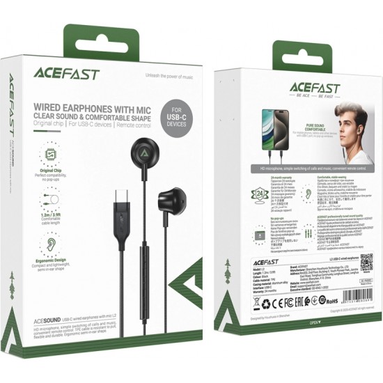 Acefast L2 in-ear headphones with USB-C connector, microphone and remote control 1.2 m - black