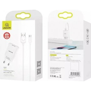 Usams Wall charger 1x USB T21 micro USB white/white 2.1A Fast Charging T21OCMC01