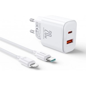 Joyroom JR-TCF05 20W USB-C / USB-A Fast Dual Port Wall Charger - White + USB-C - Lightning 1m